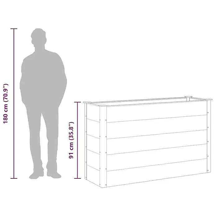 Furnicato Hochbeet - 150 x 50 x 91 cm, Verbundwerkstoff, Grau - Heller rechteckiger Pflanzkasten aus Holz, neben menschlicher Silhouette zur Veranschaulichung der Höhe (91 cm).
