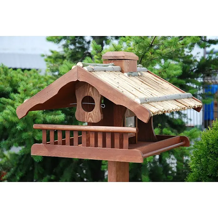 Luxus Vogelhaus Vogelhaus - 54 x 53 x 157,5 cm, Holz, Natur/Braun - Elegantes Vogelhaus aus Holz mit einem dekorativen Dach und Futterplatz, ideal für jeden Garten.