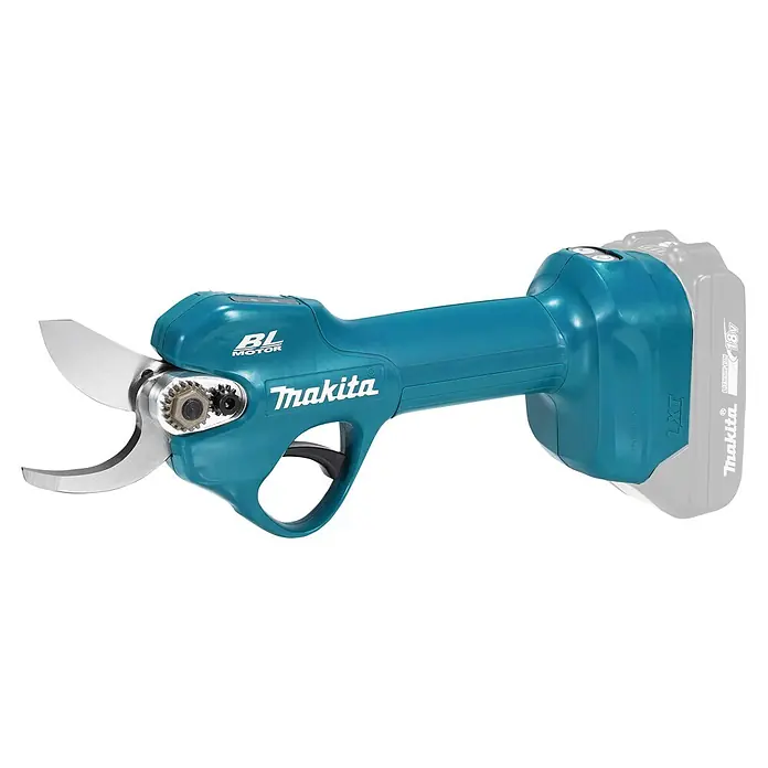 Makita LXT 18V Akku-Astschere DUP181Z - 18 V, Ohne Akku, Max. Aststärke: 30 mm - Türkise Makita Akku-Astschere mit scharfen Metallklingen und angeschlossenem grauen Akku.