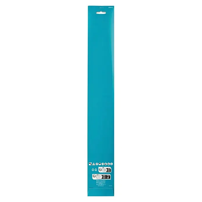 Makita Sägeschwert - Passend für: Sägeschiene mit 50 cm Länge, 1,3 mm Schienennutbreite Ketten mit 0,325"-Teilung - Lange, türkisfarbene Kartonverpackung für ein Makita-Produkt mit Aufhängelasche, Sicherheits- und Recyclingsymbolen unten.