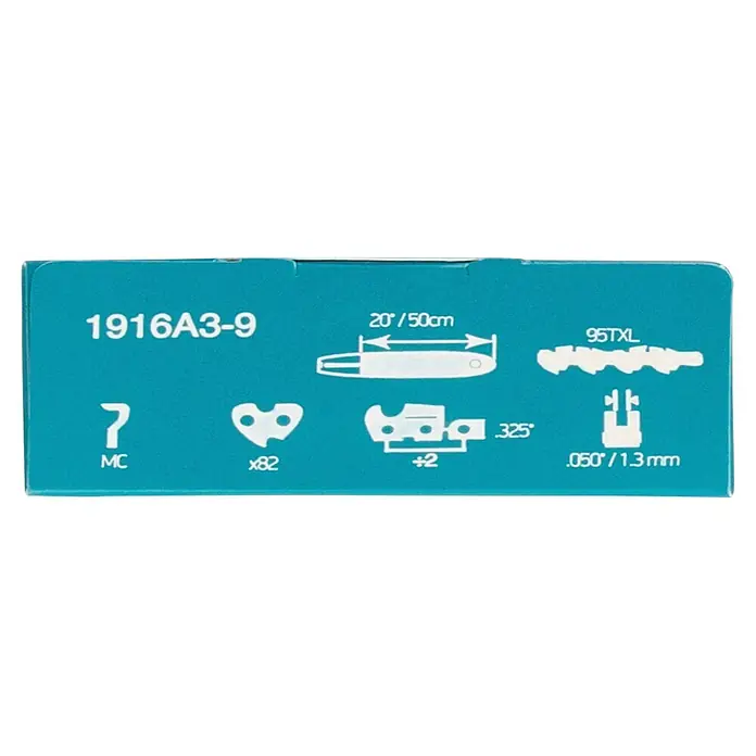Makita Sägekette 95XTL - Passend für: 50 cm Sägeschienen mit 1,3 mm Schienennutbreite und 0,325"-Teilung - Türkise Verpackung mit weißen Symbolen für Kettensägenteile: 20"/50cm, 95TXL Kette, .050"/1.3mm Stärke, .325" Teilung, x82 Treibglieder, 7 MC Aufnahme.