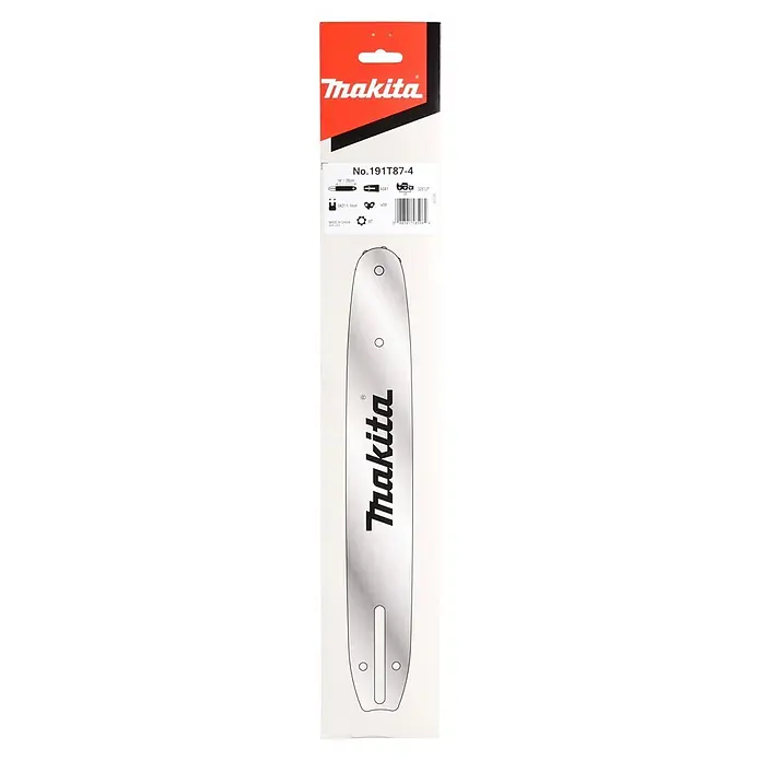Makita Sägeschwert - Passend für: 80TXL Sägeketten mit einer Teilung von 0.325" - Makita Führungsschiene für Kettensäge, silberfarben, in rot-schwarzer Produktverpackung.