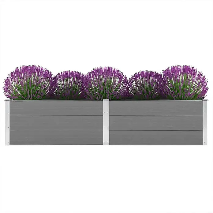 Furnicato Hochbeet - 50 x 250 x 54 cm, Verbundwerkstoff, Grau - Graues Hochbeet mit Metalldetails, gefüllt mit leuchtend violetten Pflanzen.
