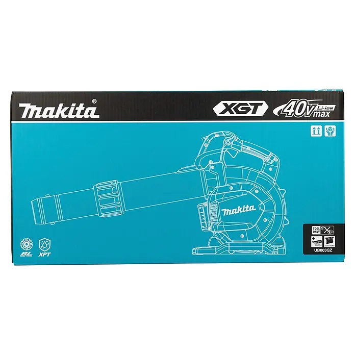 Makita XGT 40V max. Akku-Gebläse UB003GZ - 40 V, Ohne Akku, Blasgeschwindigkeit: 68 m/s - Makita 40V XGT Laubbläser (UB003GZ) Verpackung, schwarz-türkis, mit Werkzeugskizze und "Nur Gerät" Vermerk.
