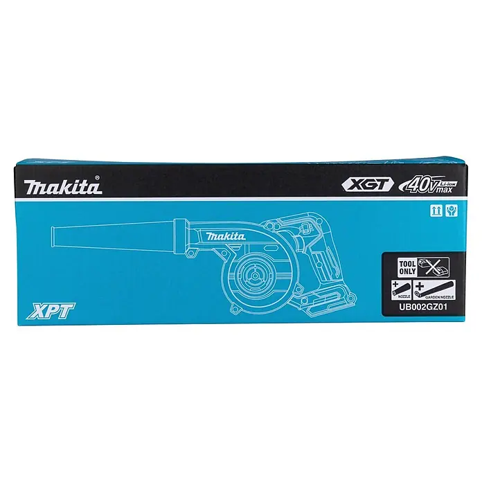 Makita XGT 40V max. Akku-Gebläse UB002GZ01 - 40 V, Ohne Akku, Blasgeschwindigkeit: 99 m/s - Makita XGT 40Vmax Akku-Gebläse-Verpackung in Blau und Schwarz, mit Umriss des Gebläses und Modell UB002GZ01.
