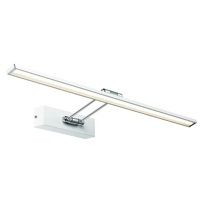 Paulmann Galeria LED-Bilderleuchte Beam Sixty - 11 W, L x B x H: 58,5 x 19 x 4,6 cm, Weiß, Warmweiß - Das Bild zeigt eine moderne, weiße LED-Wandleuchte mit verstellbarem Chromarm. Ideal zur Ausleuchtung von Bildern oder als Leselampe.