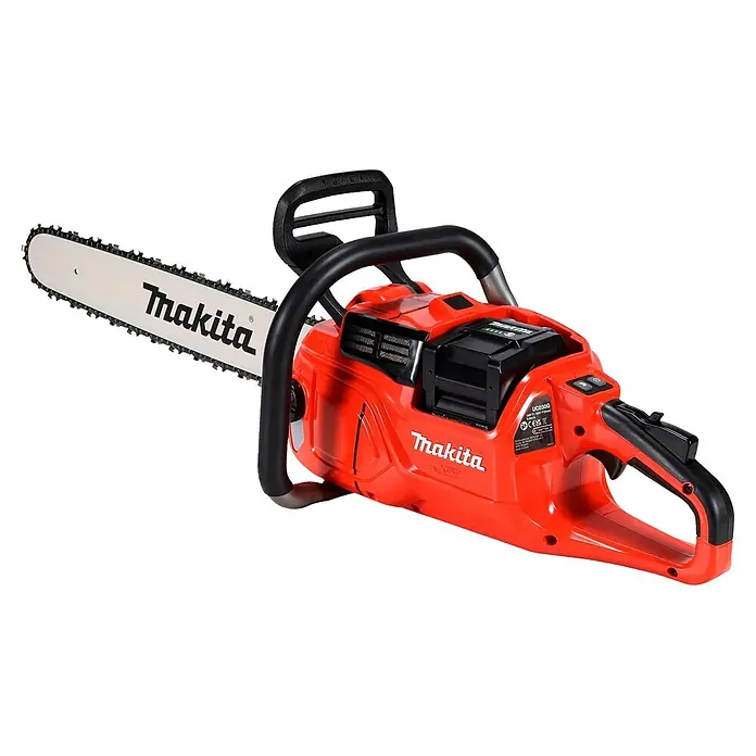 Makita Akku-Kettensäge UC030GE103 - 40 V, Li-Ionen, 1 Akku, Schwertlänge: 50 cm - Rote und schwarze Makita Akku-Kettensäge, Seitenansicht mit Schwert und Kette.