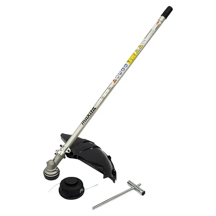 Makita Rasentrimmeraufsatz EM404MP - Passend für: 255 mm Kunststoff-Messerkopf 255 mm, 230 mm Metallschneideblatt oder 420 mm Fadenkopf - Makita Freischneider mit silbernem Schaft, schwarzem Schutz und Schneidkopf, plus Schraubenschlüssel.
