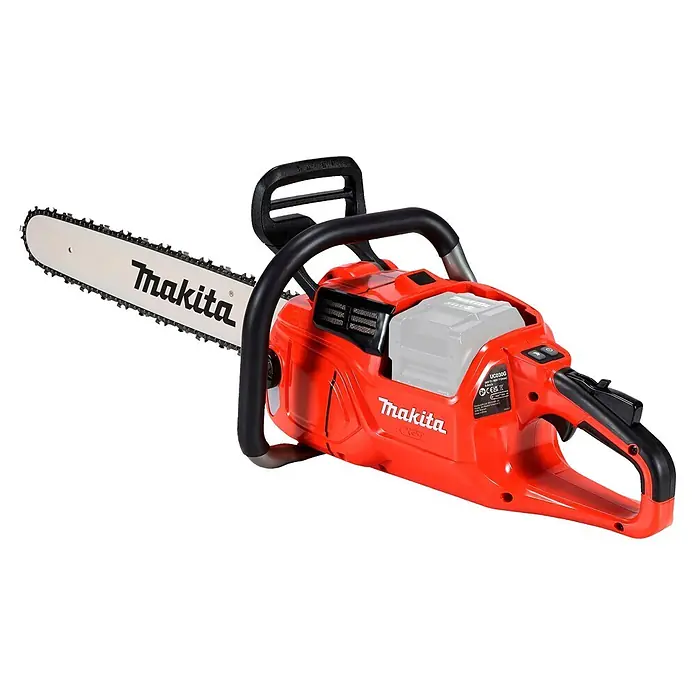Makita XGT 40V max. Akku-Kettensäge UC030GZ03 - 40 V, Ohne Akku, Schwertlänge: 50 cm - Rote und schwarze Makita Akku-Kettensäge mit silberner Führungsschiene und Kette. Akkubetrieben.