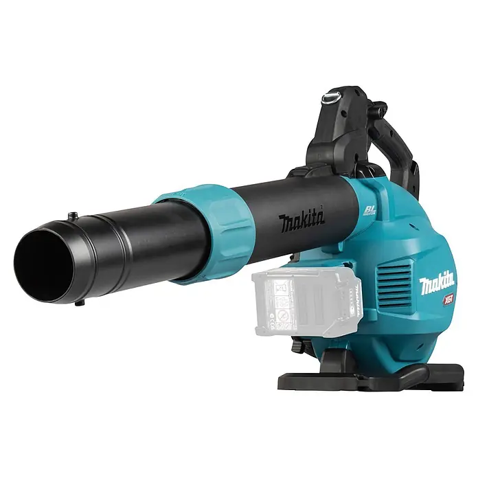 Makita XGT 40V max. Akku-Gebläse UB003GZ - 40 V, Ohne Akku, Blasgeschwindigkeit: 68 m/s - Türkis-schwarzer Makita Akku-Laubbläser mit eingesetztem XGT-Akku und BL-Motor.