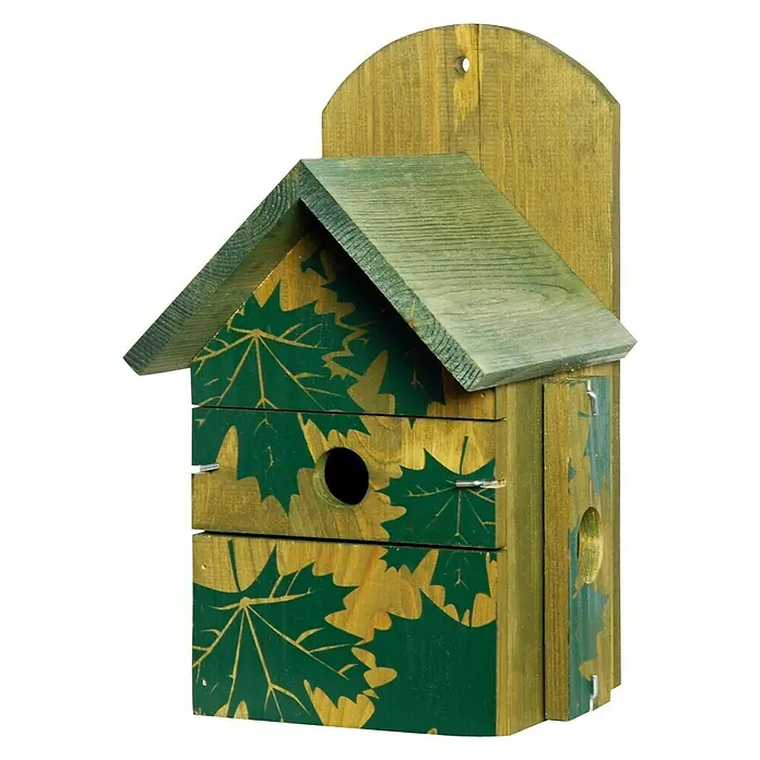 Dobar Nistkasten - 18,5 x 19 x 32 cm, Auswechselbare Einflugsöffnung - Ein hölzernes Vogelhaus mit grünen Ahornblattmuster und einem grünen Dach bietet gefiederten Freunden ein Zuhause.
