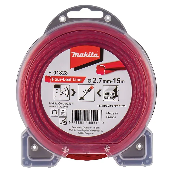 Makita Trimmerfaden Four-Leaf E-01828 - Fadenlänge: 15 m, Fadenstärke: 2,7 mm - Rote Makita Rasentrimmer-Faden, 2,7mm x 15m, in klarer Spulenverpackung.