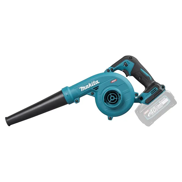 Makita XGT 40V max. Akku-Gebläse UB002GZ01 - 40 V, Ohne Akku, Blasgeschwindigkeit: 99 m/s - Türkis-schwarzer Makita XGT 40V max Akku-Blasgerät mit angeschlossenem Akku.