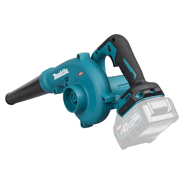 Makita XGT 40V max. Akku-Gebläse UB002GZ01 - 40 V, Ohne Akku, Blasgeschwindigkeit: 99 m/s - Türkis-schwarzer Makita Akku-Gebläse mit aufgestecktem Akku, einsatzbereit.