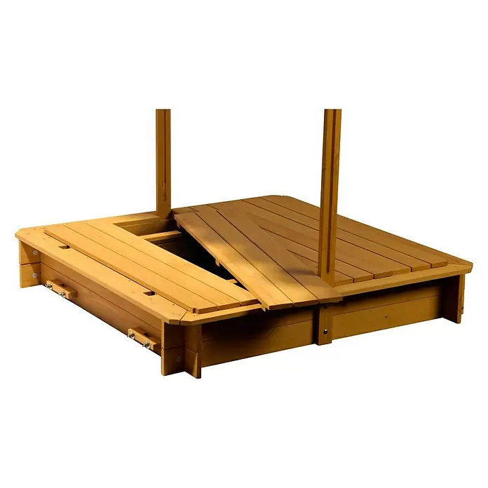 Dobar Sandkasten112 x 112 x 112 cm, Höhenverstellbares Dach - Bild eines Sandkastens aus Holz mit teilweise geöffnetem Deckel, der die Sandfläche freigibt. Ideal für Kinder zum Spielen im Garten.