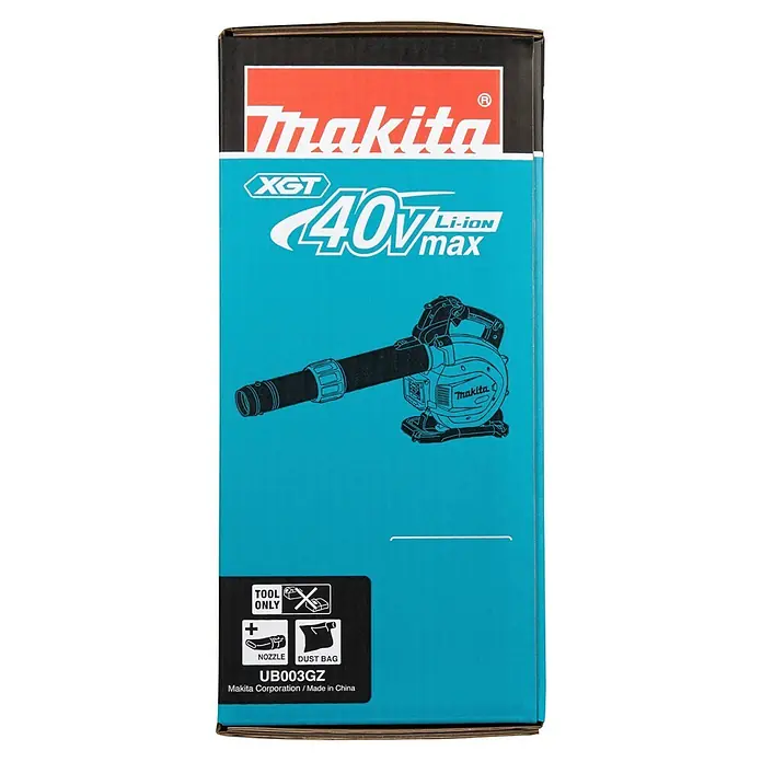 Makita XGT 40V max. Akku-Gebläse UB003GZ - 40 V, Ohne Akku, Blasgeschwindigkeit: 68 m/s - Makita XGT 40V Li-ion Max Gebläse (UB003GZ) Verpackung. Türkise Box zeigt Werkzeugumriss, Düse & Staubbeutel als Zubehör.