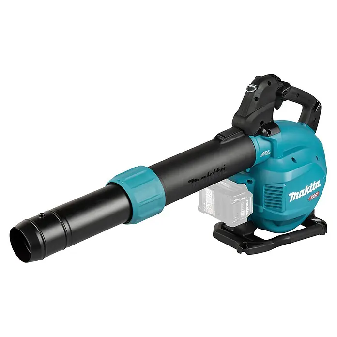 Makita XGT 40V max. Akku-Gebläse UB003GZ - 40 V, Ohne Akku, Blasgeschwindigkeit: 68 m/s - Türkiser und schwarzer akkubetriebener Makita Laubbläser mit sichtbarem Akku, einsatzbereit.