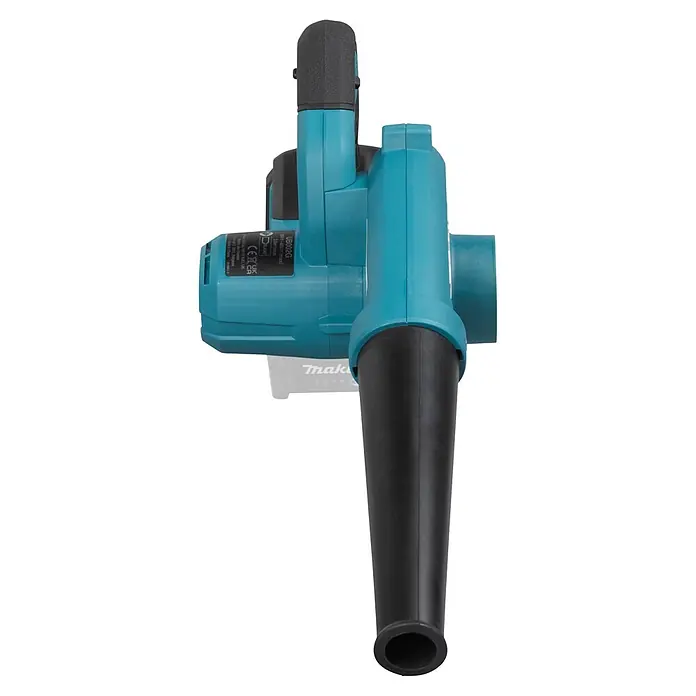 Makita XGT 40V max. Akku-Gebläse UB002GZ01 - 40 V, Ohne Akku, Blasgeschwindigkeit: 99 m/s - Seitenansicht eines türkis-schwarzen Akku-Gebläses mit langer schwarzer Düse.