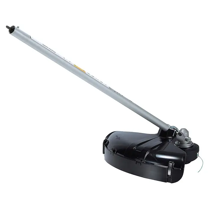 Makita Rasentrimmeraufsatz EM404MP - Passend für: 255 mm Kunststoff-Messerkopf 255 mm, 230 mm Metallschneideblatt oder 420 mm Fadenkopf - Grauer Metallschaft und schwarzer Kunststoff-Trimmerkopf mit Antriebswellenanschluss und grüner Schneidlinie.