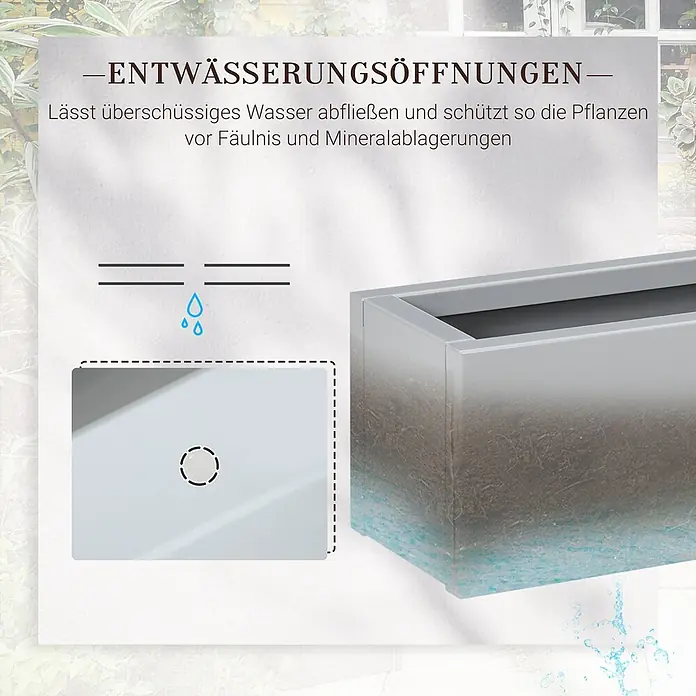 Outsunny Pflanzkübel eckig - Außenmaß (L x B x H): 91 x 22 x 22 cm, Stahl, Grau - Grauer Pflanzkübel mit Entwässerungslöchern, leitet überschüssiges Wasser ab und schützt Pflanzen vor Fäulnis.