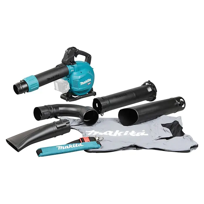 Makita XGT 40V max. Akku-Gebläse UB003GZ - 40 V, Ohne Akku, Blasgeschwindigkeit: 68 m/s - Makita Laubbläser in Schwarz und Türkis mit verschiedenen Aufsätzen und grauem Auffangsack für die Gartenarbeit.