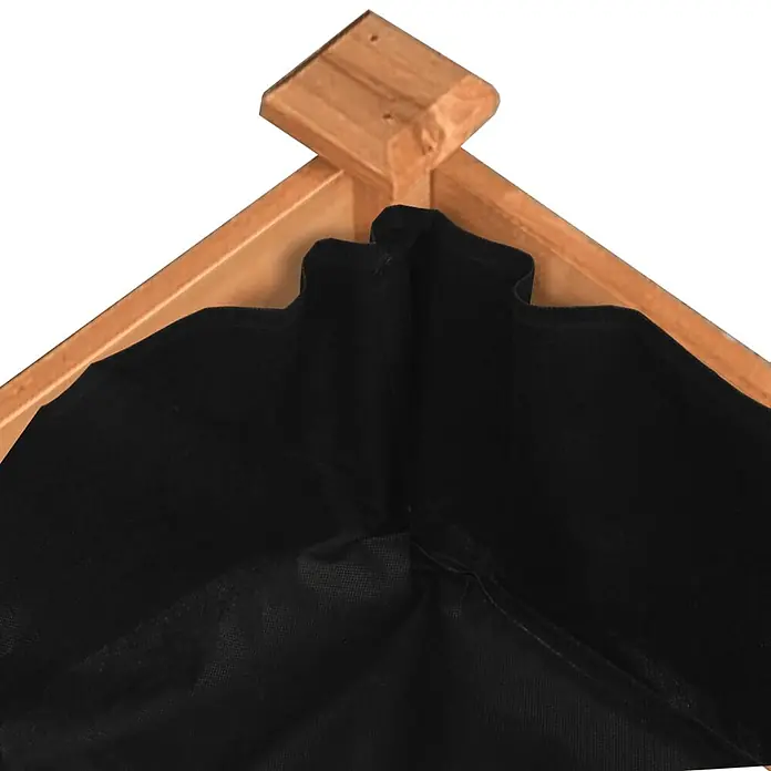 Furnicato Hochbeet - 60 x 240 x 25 cm, Holz, Braun - Nahaufnahme einer hellbraunen Holzkastenecke mit schwarzer Vliesstoffauskleidung.