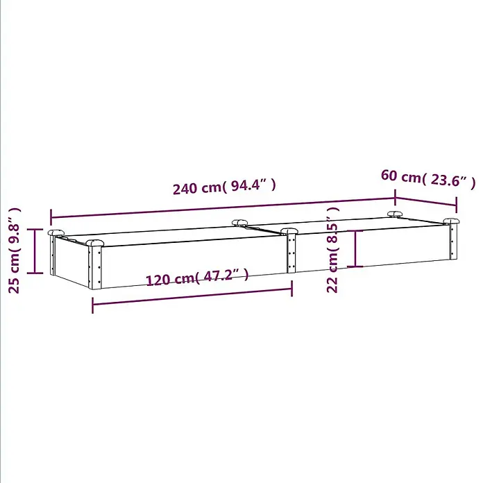 Furnicato Hochbeet - 60 x 240 x 25 cm, Holz, Braun - Rechteckiges Hochbeet aus Holz mit Metalleckbeschlägen.