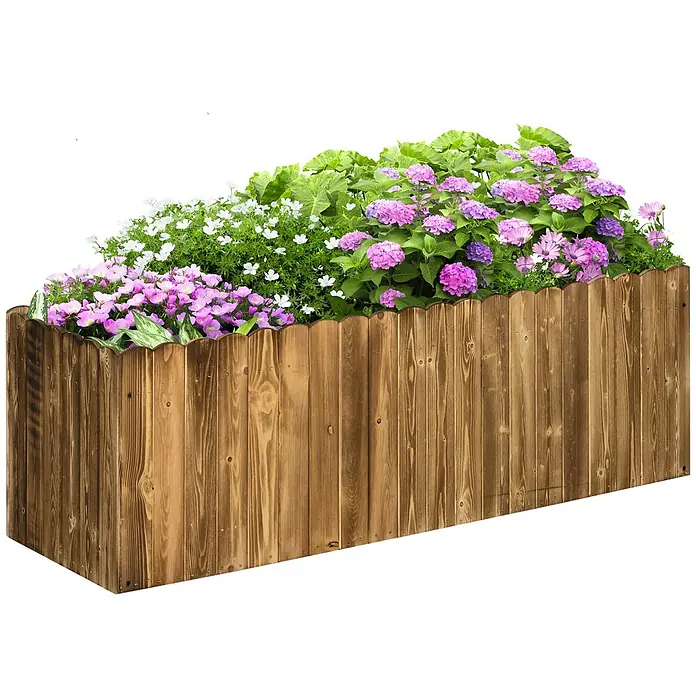 Furnicato Hochbeet - 120 x 40 x 40 cm, Holz, Naturholz - Pflanzkasten aus dunklem Holz mit geschwungenem Rand, gefüllt mit bunten rosa, violetten und weißen Blumen.