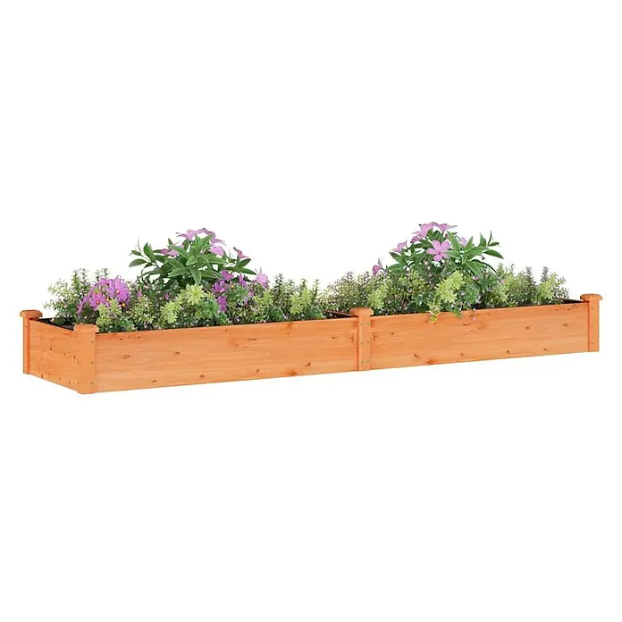 Furnicato Hochbeet - 60 x 240 x 25 cm, Holz, Braun - Hellbraunes Hochbeet aus Holz, gefüllt mit bunten Blumen und grünen Pflanzen.