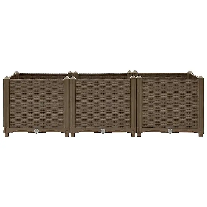 Furnicato Hochbeet - 120 x 40 x 38 cm, Kunststoff, Braun - Drei braune Pflanzkästen in Rattan-Optik mit Ablassstopfen.