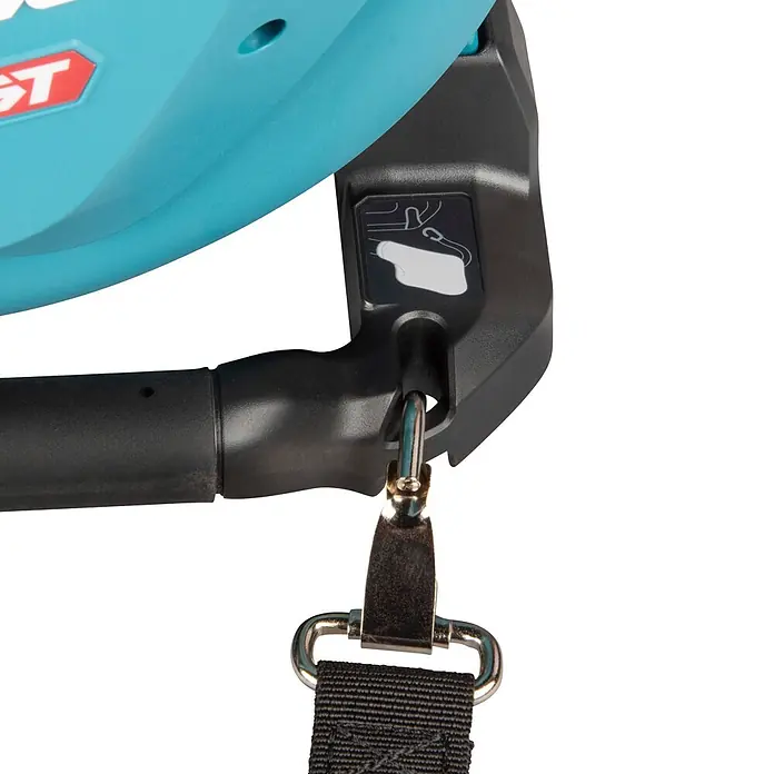Makita XGT 40V max. Akku-Gebläse UB003GZ - 40 V, Ohne Akku, Blasgeschwindigkeit: 68 m/s - Nahaufnahme der schwarzen Gurtbefestigung eines türkisfarbenen Werkzeugs mit Metallschnapphaken und Diagramm, verbunden mit einem schwarzen Gurt.