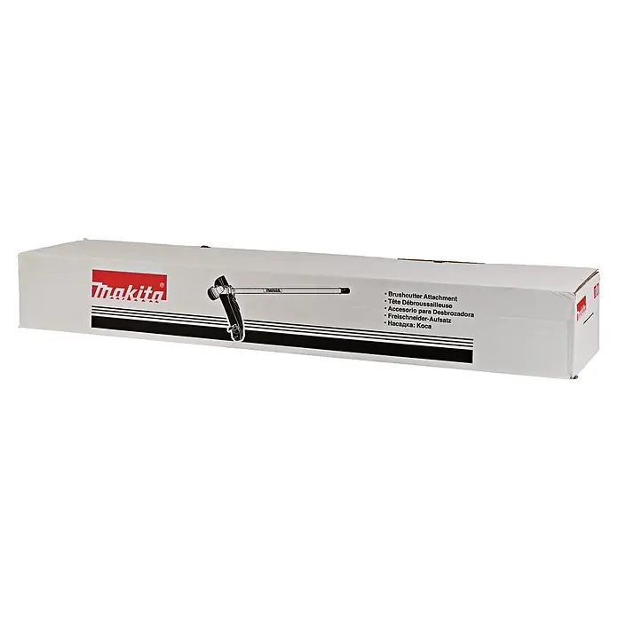 Makita Rasentrimmeraufsatz EM404MP - Passend für: 255 mm Kunststoff-Messerkopf 255 mm, 230 mm Metallschneideblatt oder 420 mm Fadenkopf - Weiße Makita-Box für einen Freischneider-Aufsatz, mit Logo und Produktabbildung.