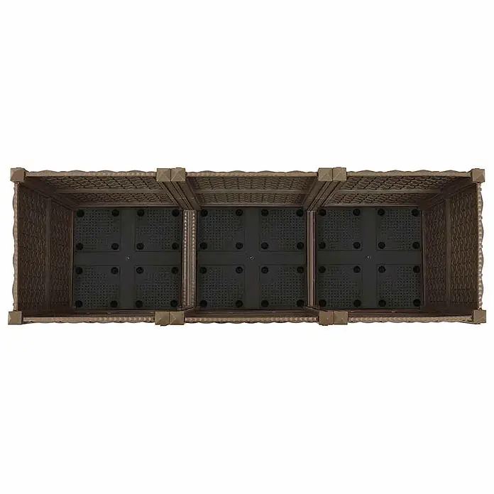 Furnicato Hochbeet - 120 x 40 x 38 cm, Kunststoff, Braun - Brauner modularer Pflanzkasten mit drei Abschnitten, dunklen Einsätzen zur Drainage. Draufsicht.