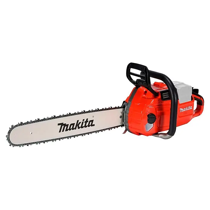 Makita XGT 40V max. Akku-Kettensäge UC030GZ03 - 40 V, Ohne Akku, Schwertlänge: 50 cm - Rote und schwarze Makita Kettensäge mit heller Klinge und silberner Kette, bereit zum Sägen.