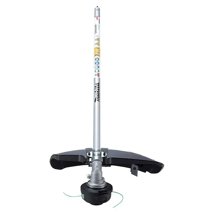 Makita Rasentrimmeraufsatz EM404MP - Passend für: 255 mm Kunststoff-Messerkopf 255 mm, 230 mm Metallschneideblatt oder 420 mm Fadenkopf - Silberner Makita Rasentrimmer-Aufsatz mit schwarzem Schutz und Trimmerkopf, mit grüner Schneidleine.