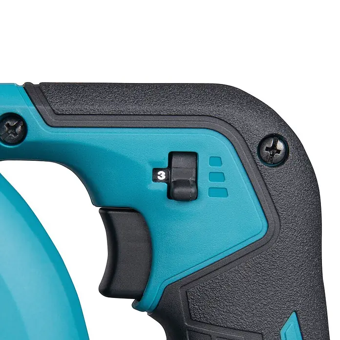 Makita XGT 40V max. Akku-Gebläse UB002GZ01 - 40 V, Ohne Akku, Blasgeschwindigkeit: 99 m/s - Nahaufnahme eines türkisfarbenen und schwarzen Elektrowerkzeuggriffs mit strukturiertem Griff, Auslöser und einem Bedienschalter mit der Nummer 3.