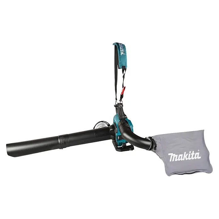 Makita XGT 40V max. Akku-Gebläse UB003GZ - 40 V, Ohne Akku, Blasgeschwindigkeit: 68 m/s - Makita Laubbläser/Sauger in Türkis-Schwarz mit Fangsack und Schultergurt.