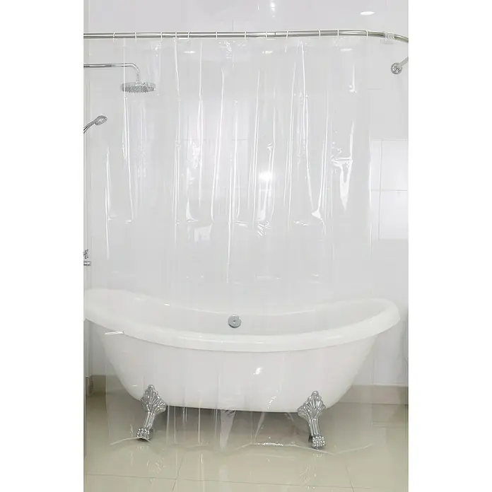 Venus Peva Duschvorhang - 180 x 200 cm, Transparent - Klassische freistehende Badewanne mit durchsichtigem Duschvorhang, ideal für ein helles und modernes Badezimmer.