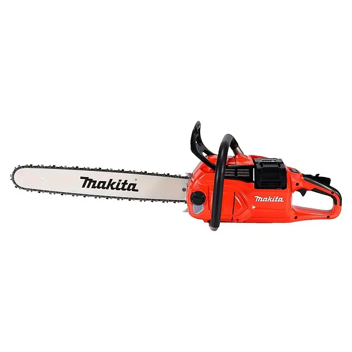 Makita Akku-Kettensäge UC030GE103 - 40 V, Li-Ionen, 1 Akku, Schwertlänge: 50 cm - Rote und schwarze Makita XGT Akku-Kettensäge mit silberner Schiene und Kette.