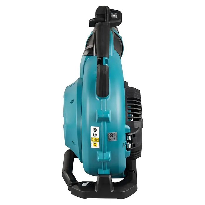 Makita XGT 40V max. Akku-Gebläse UB003GZ - 40 V, Ohne Akku, Blasgeschwindigkeit: 68 m/s - Türkis-schwarzer Laubbläser, aufrecht stehend, Seitenansicht mit Bedienelementen und Etiketten.