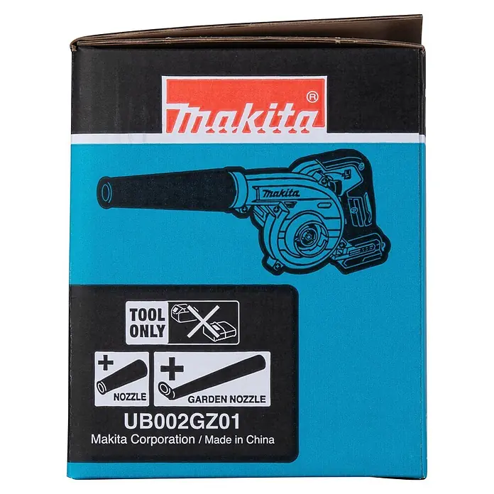 Makita XGT 40V max. Akku-Gebläse UB002GZ01 - 40 V, Ohne Akku, Blasgeschwindigkeit: 99 m/s - Makita UB002GZ01 Akku-Gebläsekarton, schwarz-türkis, zeigt Düse und Gartendüse, 'nur Werkzeug'.