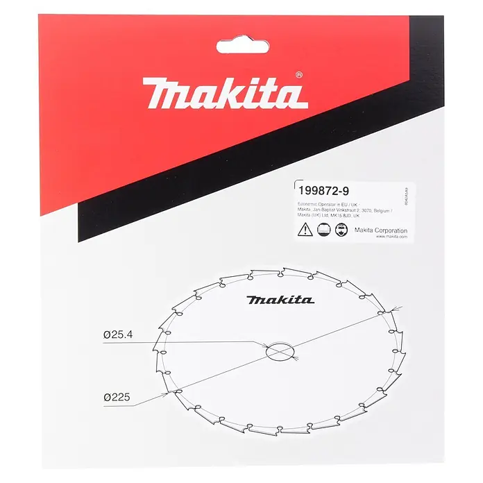 Makita Sägeblatt Meißelzahn - Durchmesser: 22,5 cm, Passend für: Schutzhaube für Meißelzahn-Sägeblatt - Makita Kreissägeblatt-Verpackung mit Blattschema (Ø225, Ø25.4).