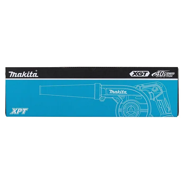 Makita XGT 40V max. Akku-Gebläse UB002GZ01 - 40 V, Ohne Akku, Blasgeschwindigkeit: 99 m/s - Makita XGT 40Vmax Werkzeugkasten, schwarz und blau, mit einer weißen Linienzeichnung eines Gebläses.