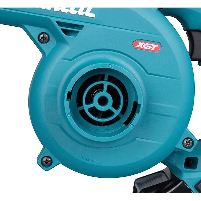 Makita XGT 40V max. Akku-Gebläse UB002GZ01 - 40 V, Ohne Akku, Blasgeschwindigkeit: 99 m/s - Türkises Gebläsegehäuse mit Ansauggitter und XGT-Logo aus strukturiertem Kunststoff.