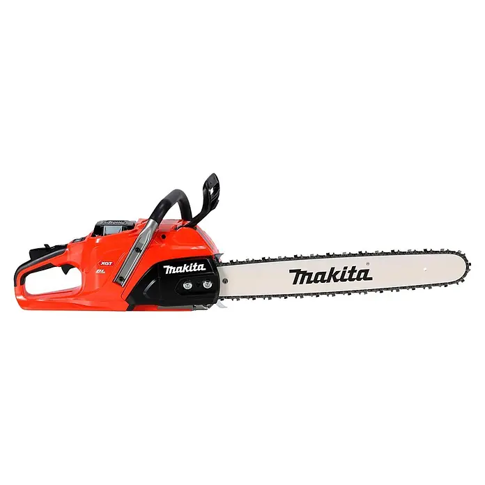 Makita Akku-Kettensäge UC030GE103 - 40 V, Li-Ionen, 1 Akku, Schwertlänge: 50 cm - Rote und schwarze Makita Kettensäge mit silberner Schiene und scharfer Kette.
