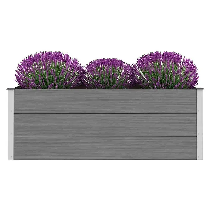 Furnicato Hochbeet - 150 x 50 x 54 cm, Verbundwerkstoff, Grau - Graue Holzoptik-Pflanzkasten mit drei leuchtend lila Lavendelpflanzen.