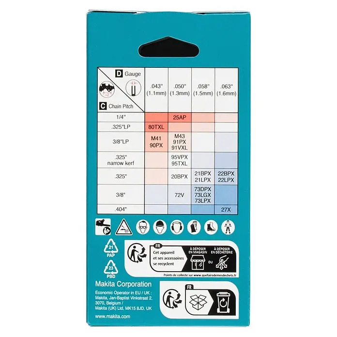Makita Sägekette 95XTL - Passend für: 50 cm Sägeschienen mit 1,3 mm Schienennutbreite und 0,325"-Teilung - Makita Sägekettenverpackung (türkis) mit Lehren-/Teilungstabelle und Recyclinginformationen.