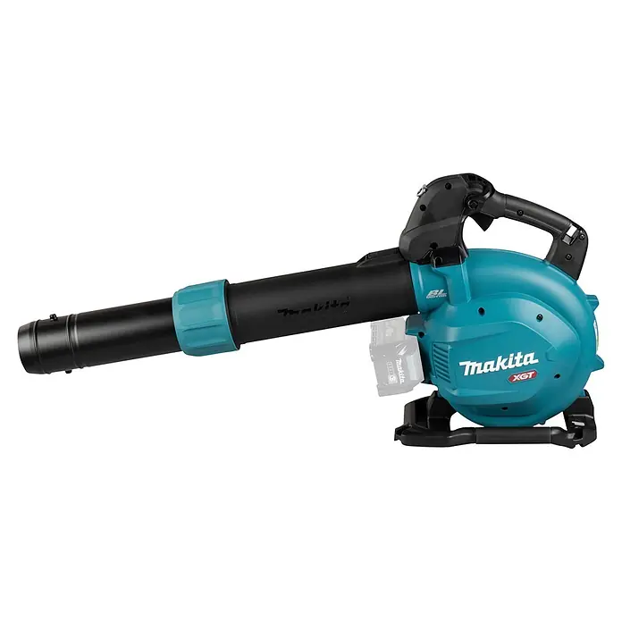 Makita XGT 40V max. Akku-Gebläse UB003GZ - 40 V, Ohne Akku, Blasgeschwindigkeit: 68 m/s - Türkiser und schwarzer akkubetriebener Makita Laubbläser mit langer schwarzer Düse und ergonomischem Griff.