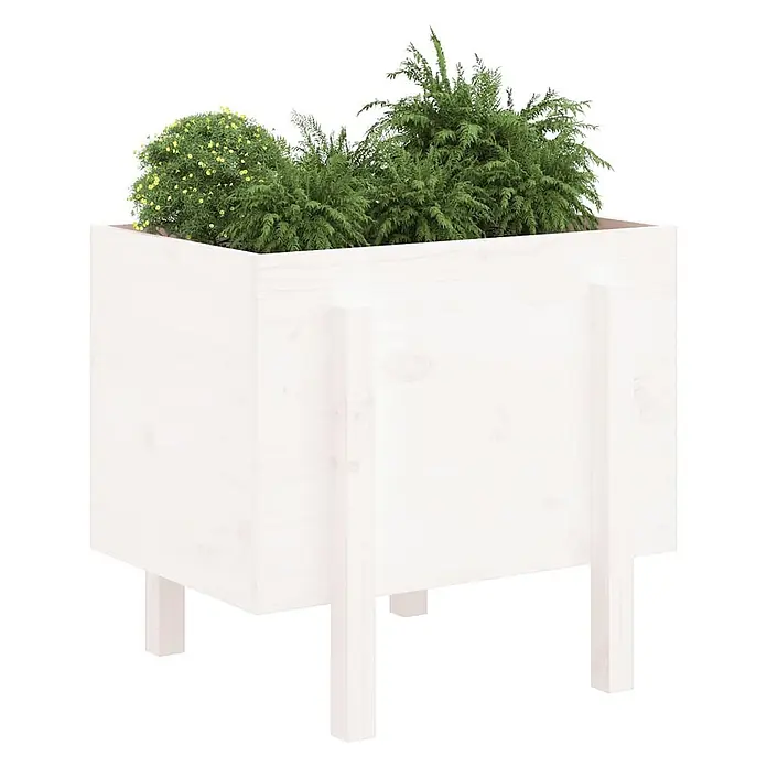 Furnicato Hochbeet - 50 x 62 x 57 cm, Holz, Weiße Kiefer - Weißer hölzerner Blumenkasten mit Beinen, gefüllt mit grünen Pflanzen und gelb blühenden Pflanzen.