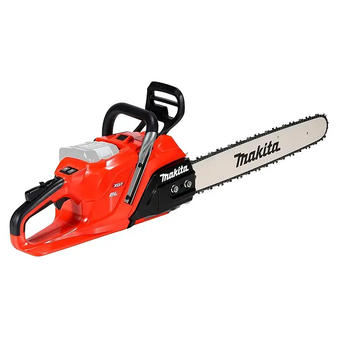 Makita XGT 40V max. Akku-Kettensäge UC030GZ03 - 40 V, Ohne Akku, Schwertlänge: 50 cm - Rote und schwarze Makita Akku-Kettensäge mit langem Schwert und Kette, mit XGT- und BL Motor-Branding.